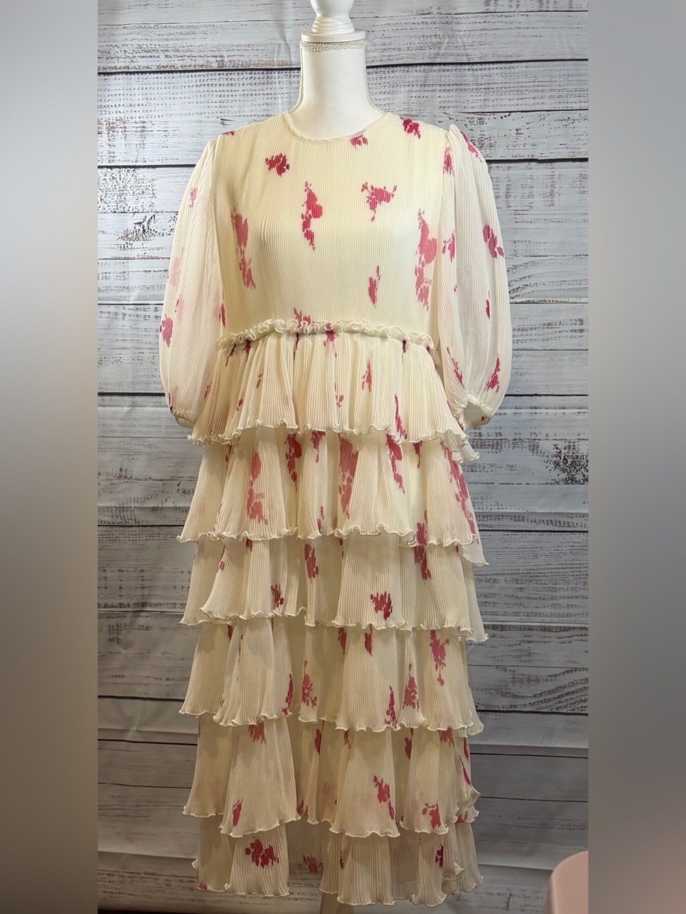 Ganni Cream Tiered Ruffle Maxi Dress with Pink Floral Print